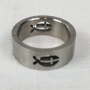 Mens Stainless Steel Fish Cross Jesus Cut Out Ring Wide Band Sz 16mm US 8